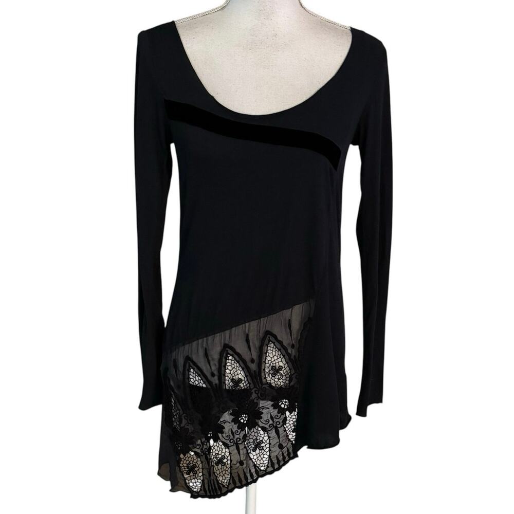 Johnny Was 4 Love And Liberty Size XS Eyelet Lace Top Asymmetrical Hem Black